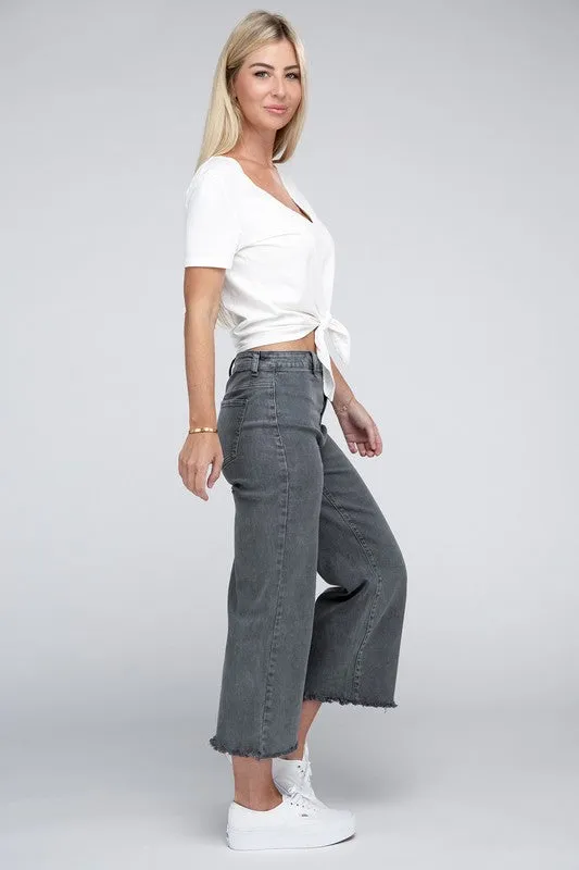 Acid Washed High Waist Frayed Hem Straight Pants