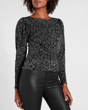 Animal Print Twist Front Puff Sleeve Tee in Black Print