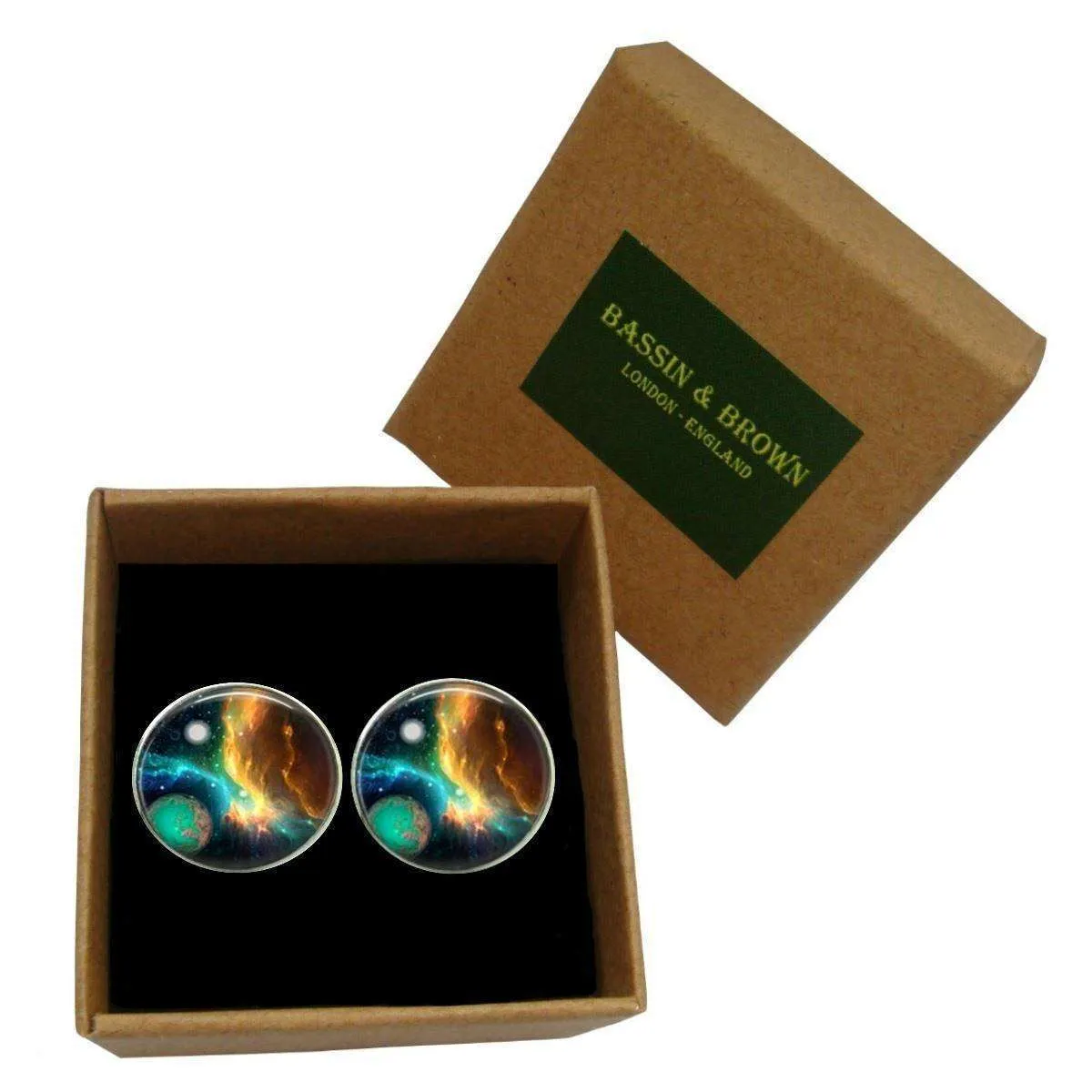 Bassin and Brown Space and Planet Cufflinks - Navy/Green/Yellow