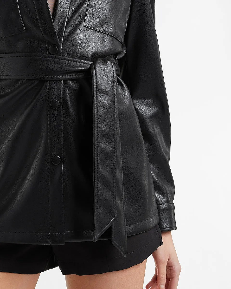 Belted Vegan Leather Patch Pocket Shirt Jacket In Pitch Black