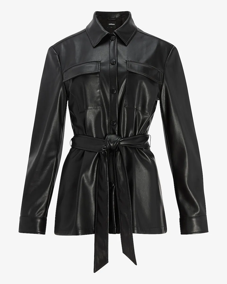 Belted Vegan Leather Patch Pocket Shirt Jacket In Pitch Black