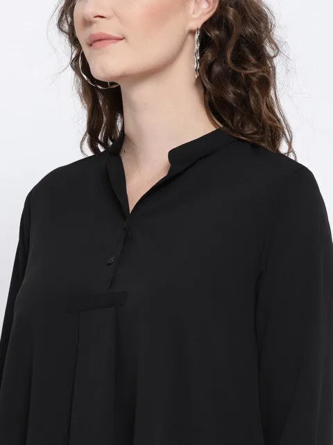 Berrylush Women Solid Black Mandarin Collar Neck Button-Up High-Low Longline Top