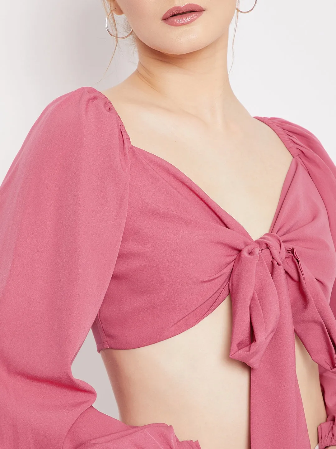 Berrylush Women Solid Dark Pink Sweetheart Neck Tie-Up Front Pleated Crop Top