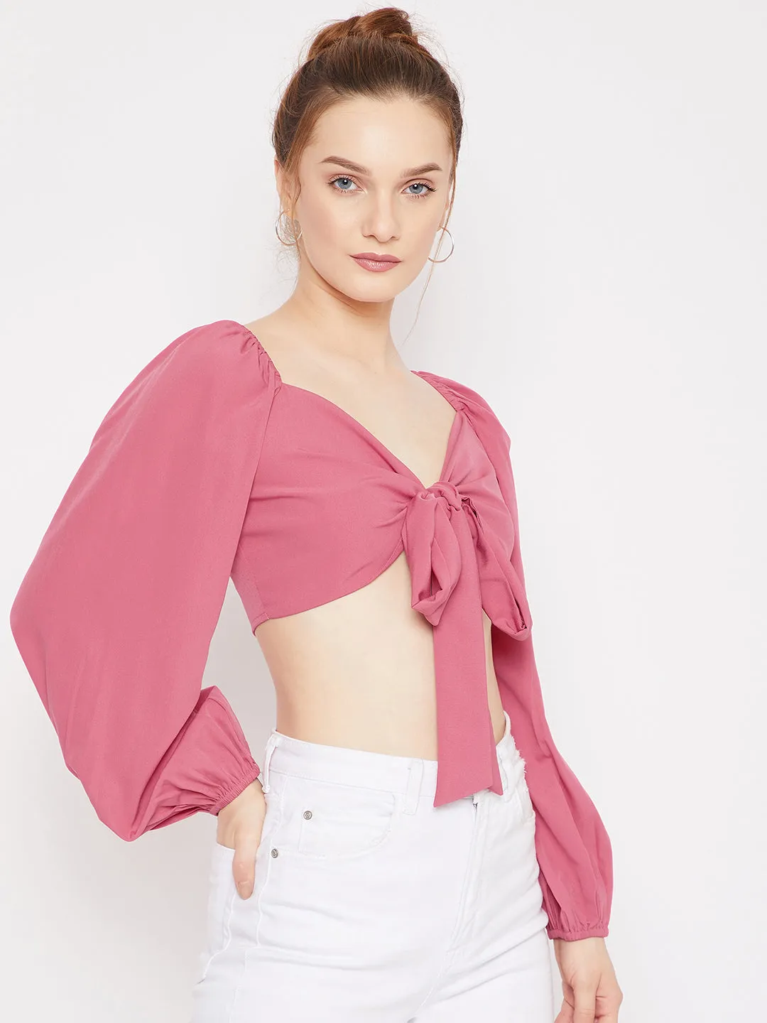 Berrylush Women Solid Dark Pink Sweetheart Neck Tie-Up Front Pleated Crop Top