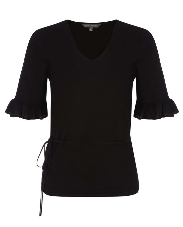 Black 1/2 Sleeve V-Neck Chiffon Frill Top