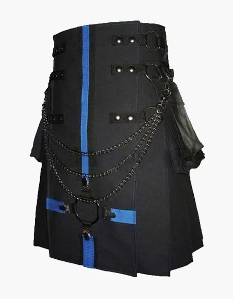 BLUE-STRAPPED MODERN BLACK GOTHIC UTILITY KILT