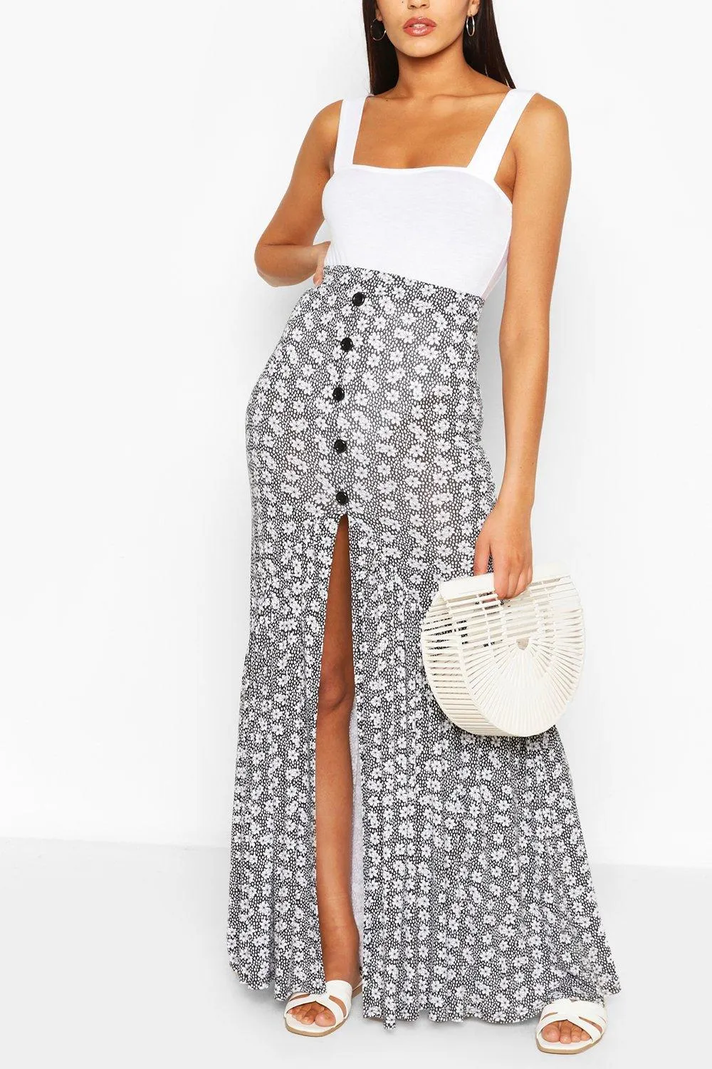 Boohoo Floral Field Button Maxi Skirt, Black