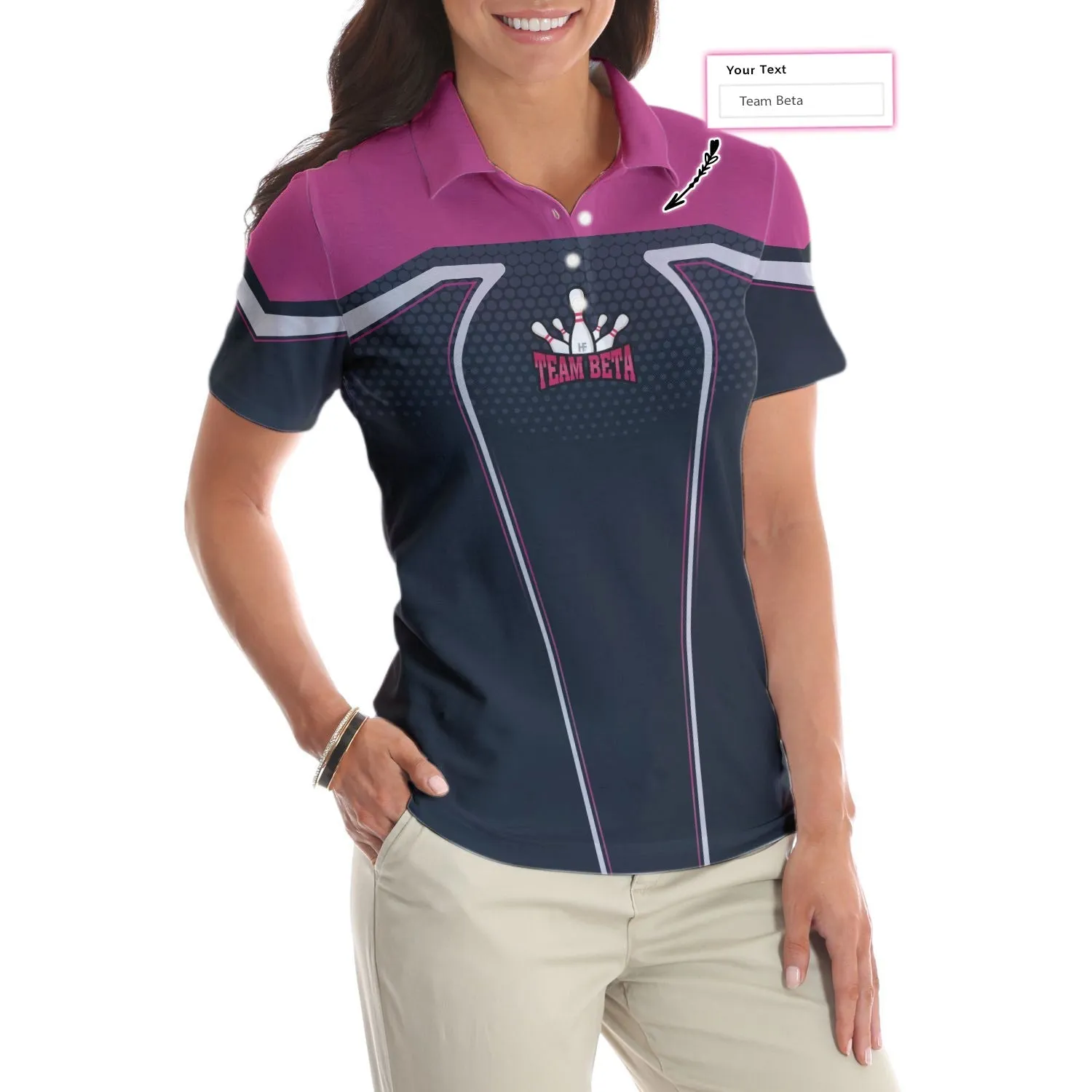 Bowling Team In Pink Custom Short Sleeve Women Polo Shirt, Personalized Bowling Shirt For Ladies, Custom Bowling Gift Idea