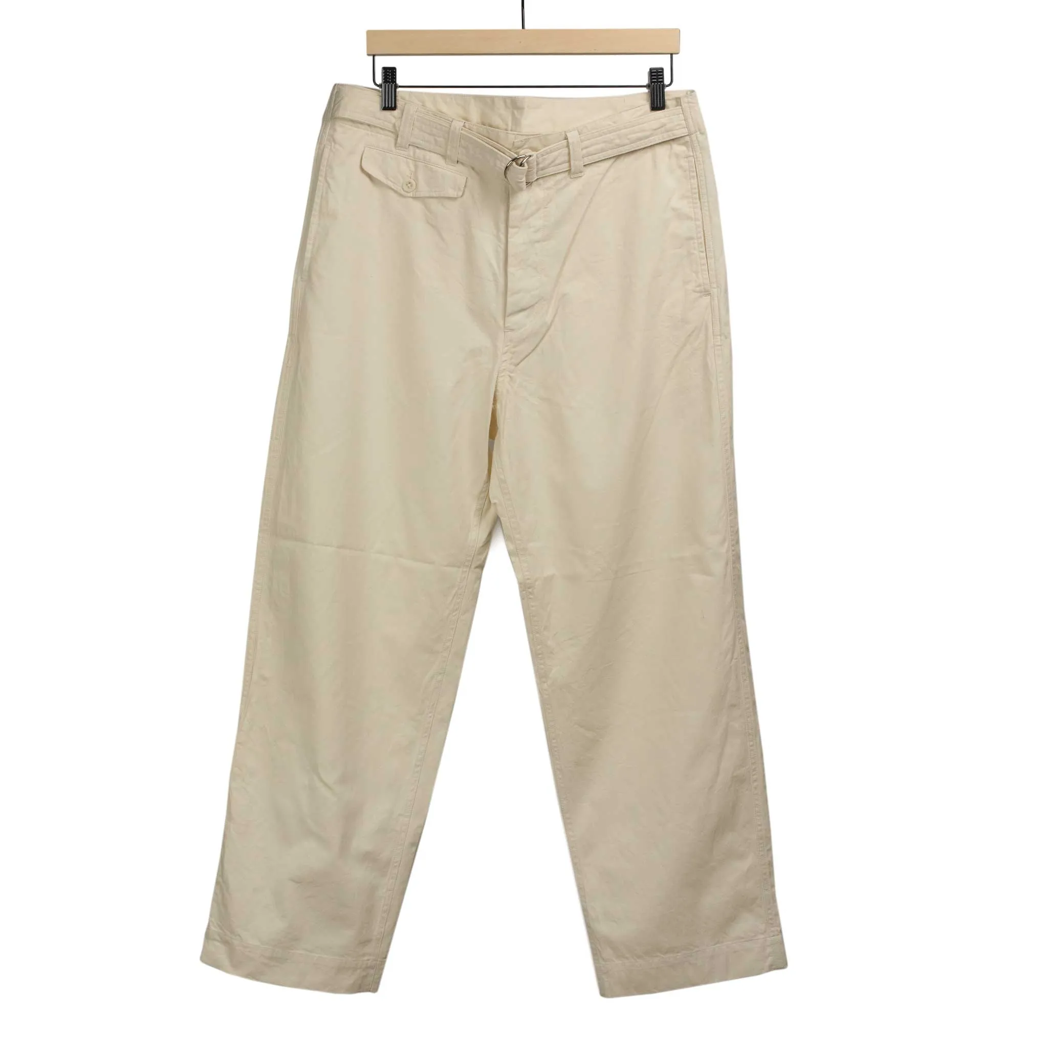 D-ring belted trousers in natural slubby cotton twill