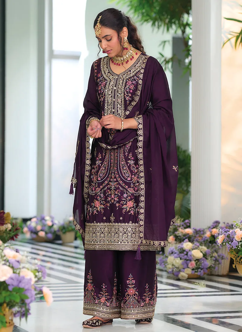 Deep Purple Multi Embroidery Traditional Palazzo Suit