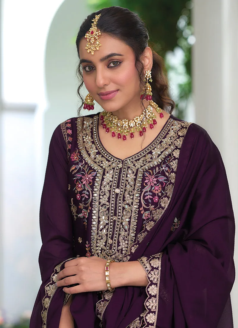 Deep Purple Multi Embroidery Traditional Palazzo Suit