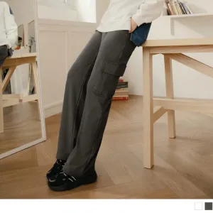 ELASTIC WAIST CASUAL POCKETS STRAIGHT LONG PANTS