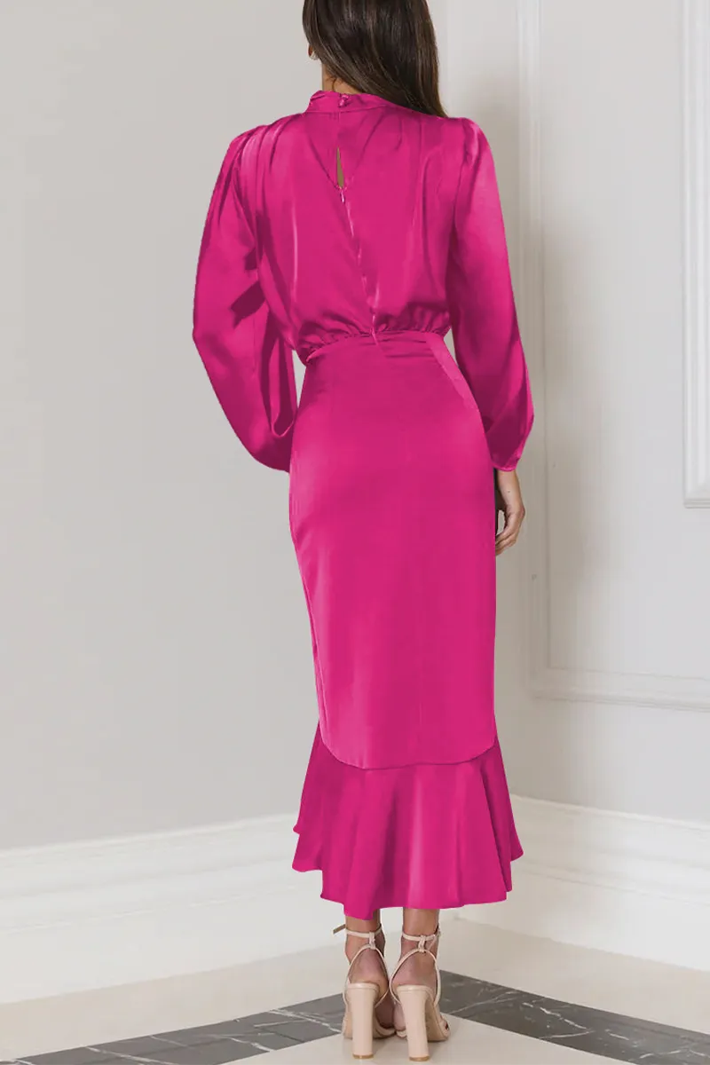 Elegant Solid Flounce Fold Turtleneck Evening Dress Dresses