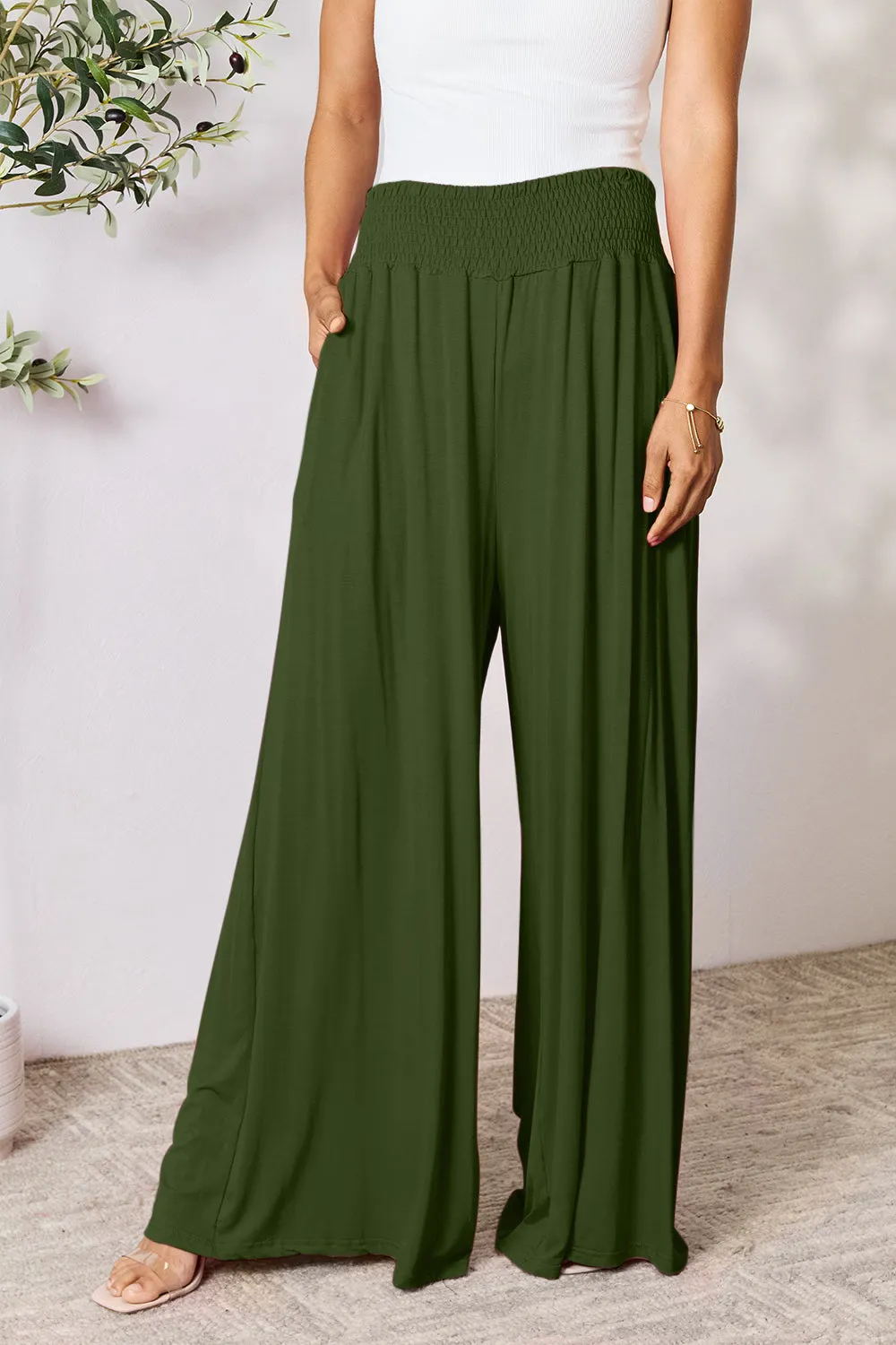 Full Size Smocked Wide Waistband Wide Leg Pants