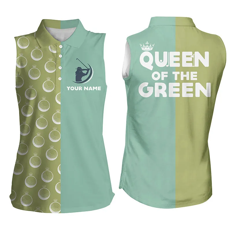 Funny Women's sleeveless golf polo shirt, Queen of the green name golf shirts for women