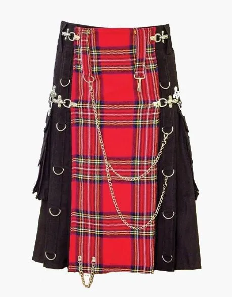 HYBRID KILT IN BLACK GOTHIC DESIGN WITH ROYAL STEWART APRON