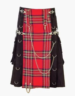 HYBRID KILT IN BLACK GOTHIC DESIGN WITH ROYAL STEWART APRON