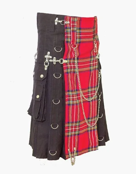 HYBRID KILT IN BLACK GOTHIC DESIGN WITH ROYAL STEWART APRON