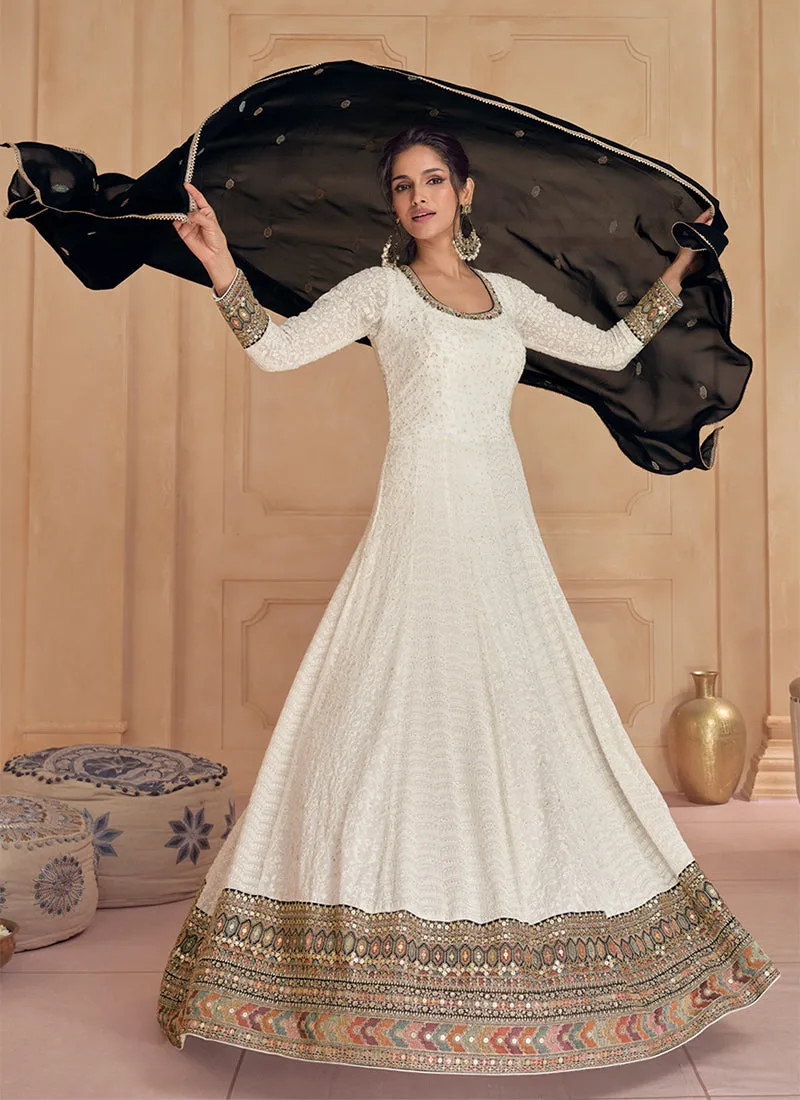 Ivory and Black Traditional Wedding Anarkali Gown Dress