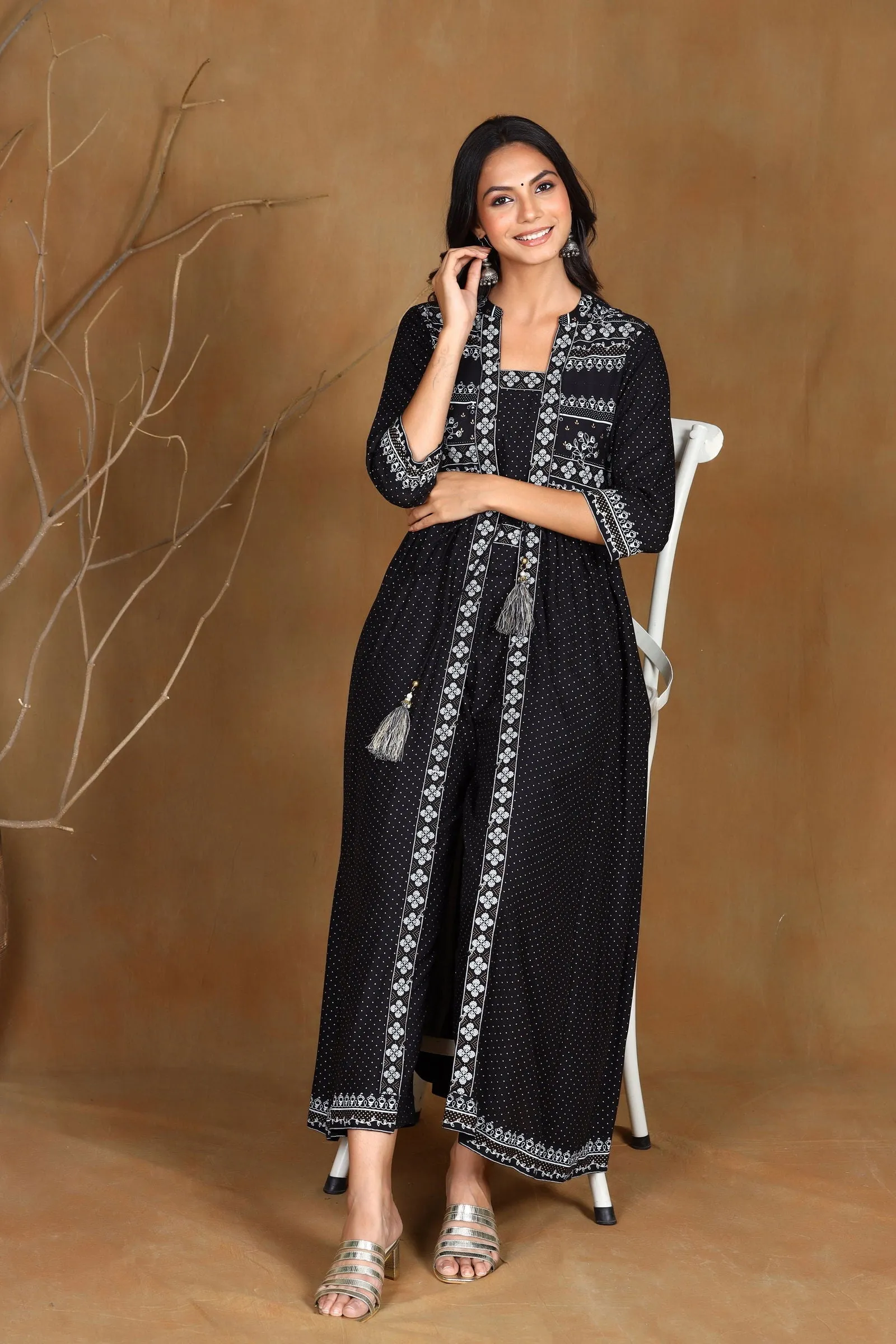 Jashvi Black Ethnic Motif Printed Rayon Jacket Style Kurta & Pants Set.