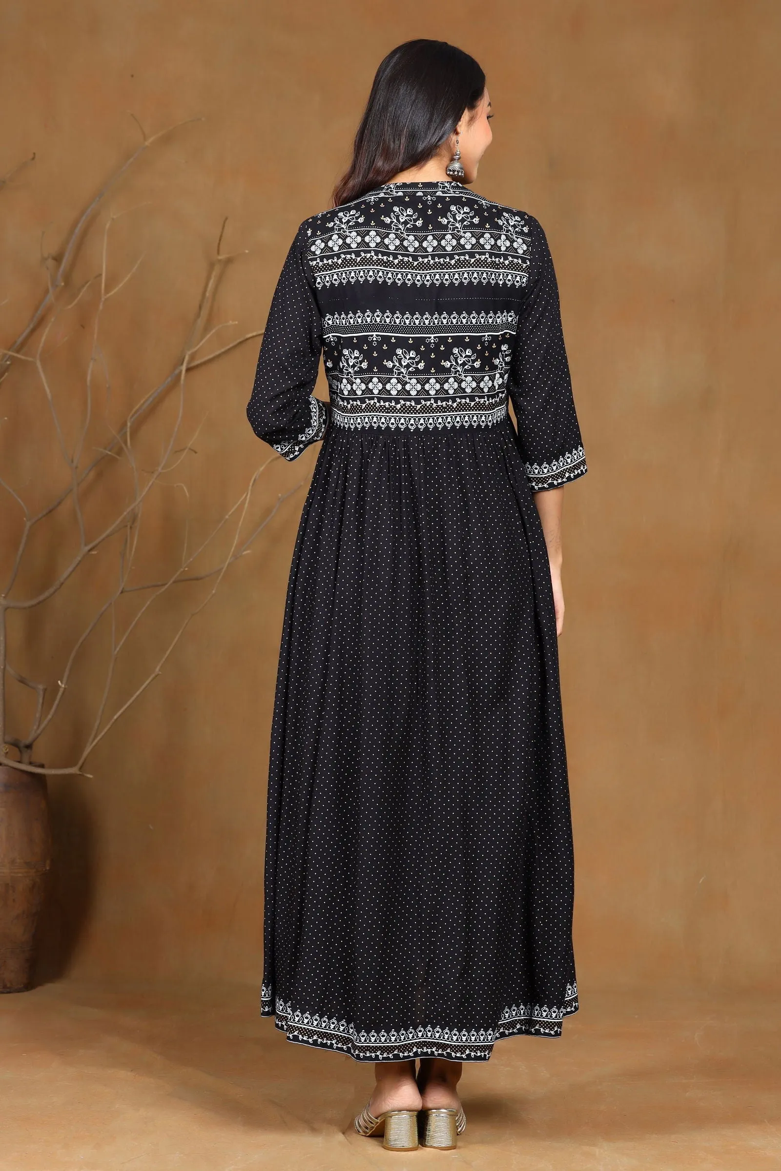 Jashvi Black Ethnic Motif Printed Rayon Jacket Style Kurta & Pants Set.