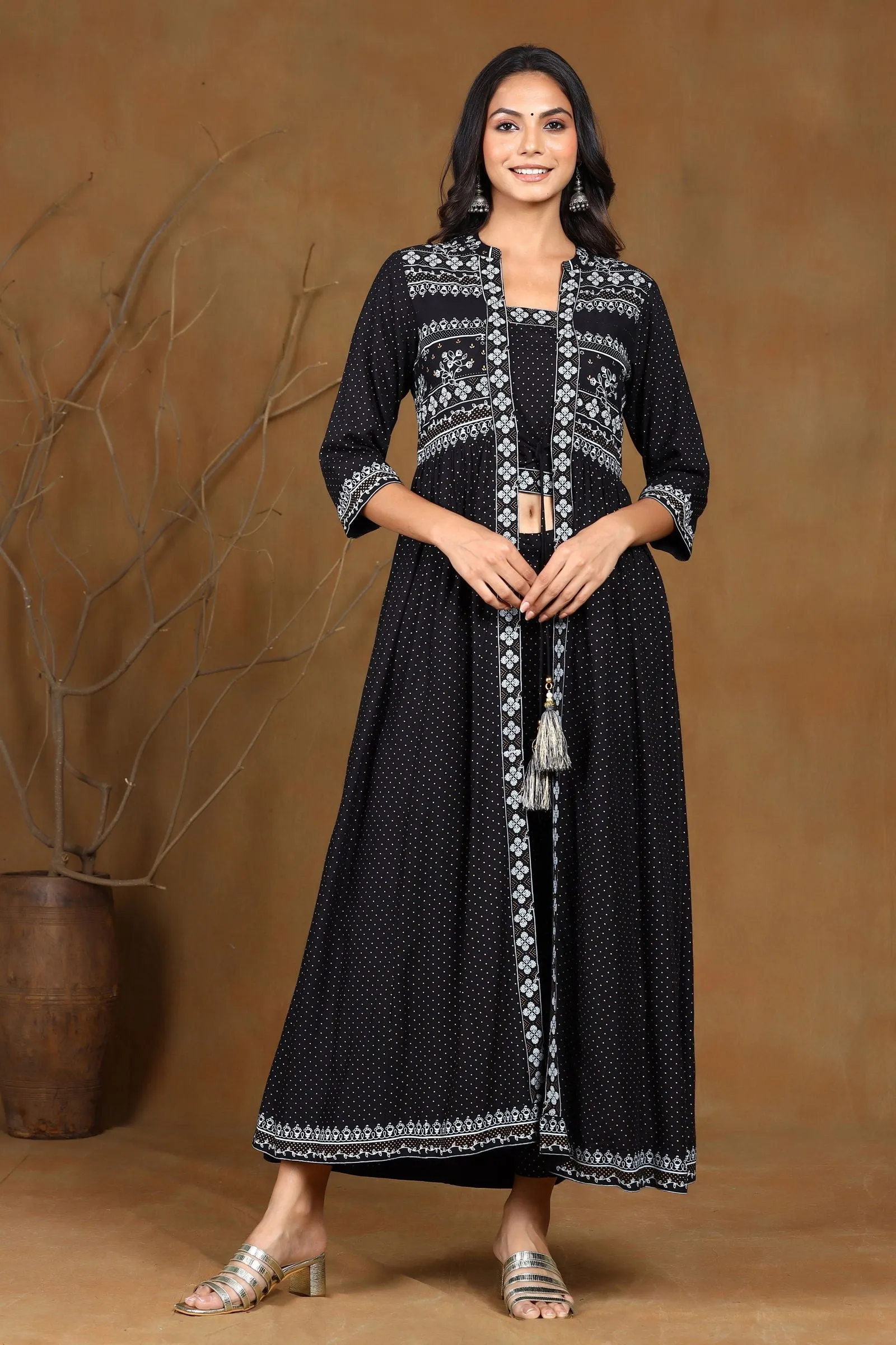 Jashvi Black Ethnic Motif Printed Rayon Jacket Style Kurta & Pants Set.