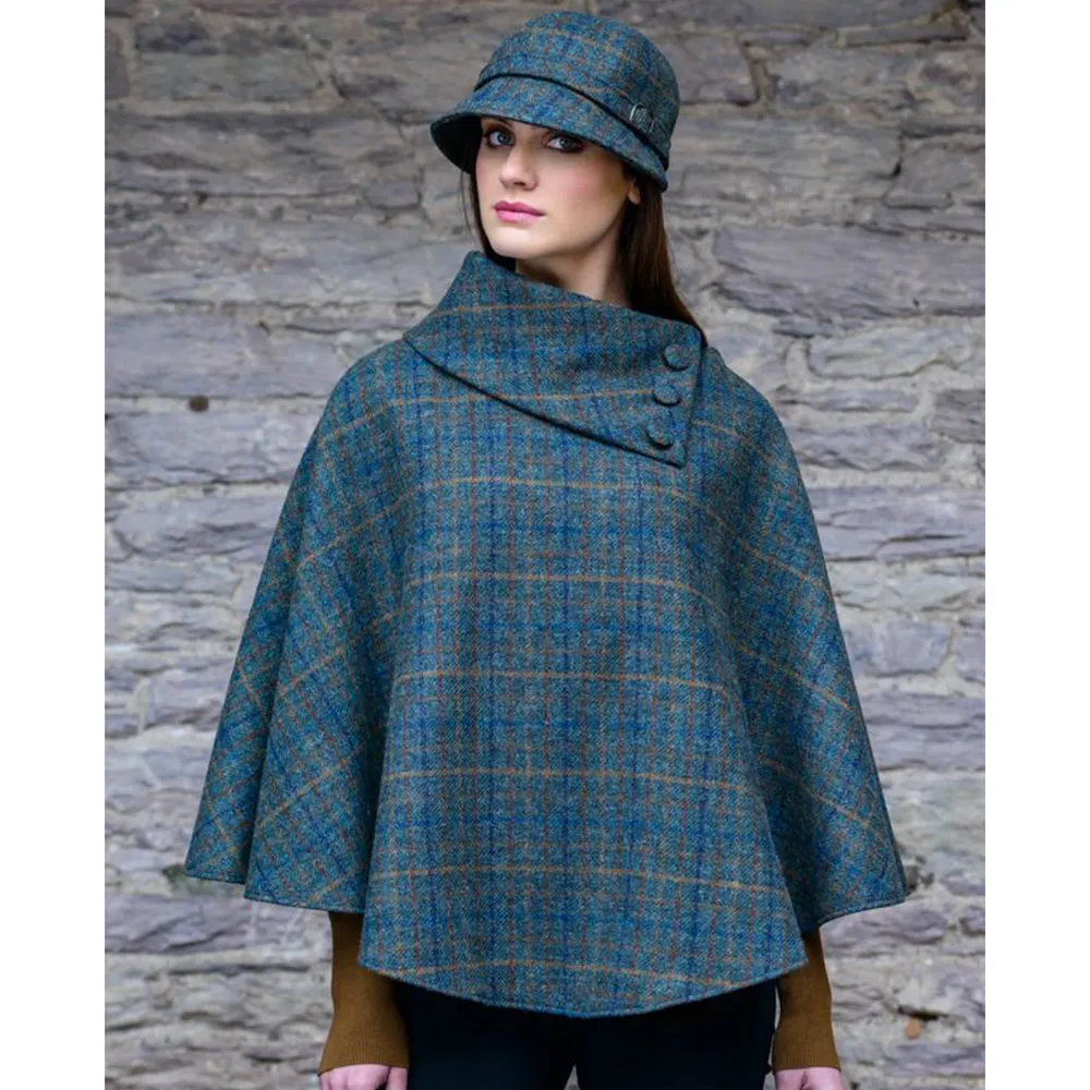 Killarney Wool Tweed Poncho: Blue-Green Plaid