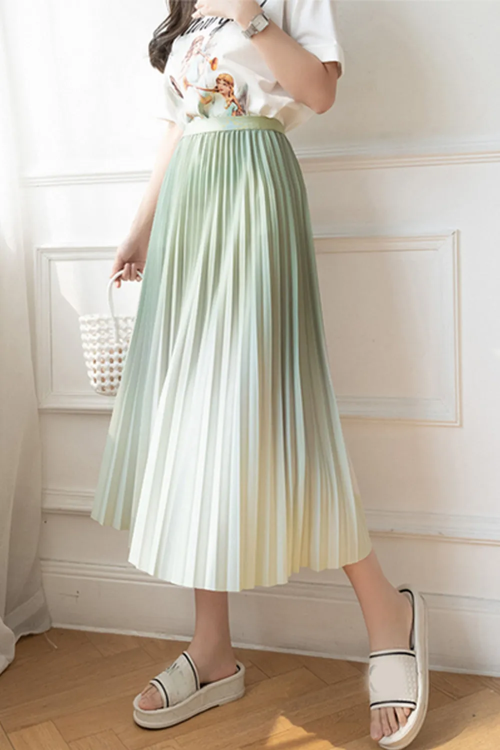 KittenAlarm - High Waist Pleated Gradient Colors Skirts