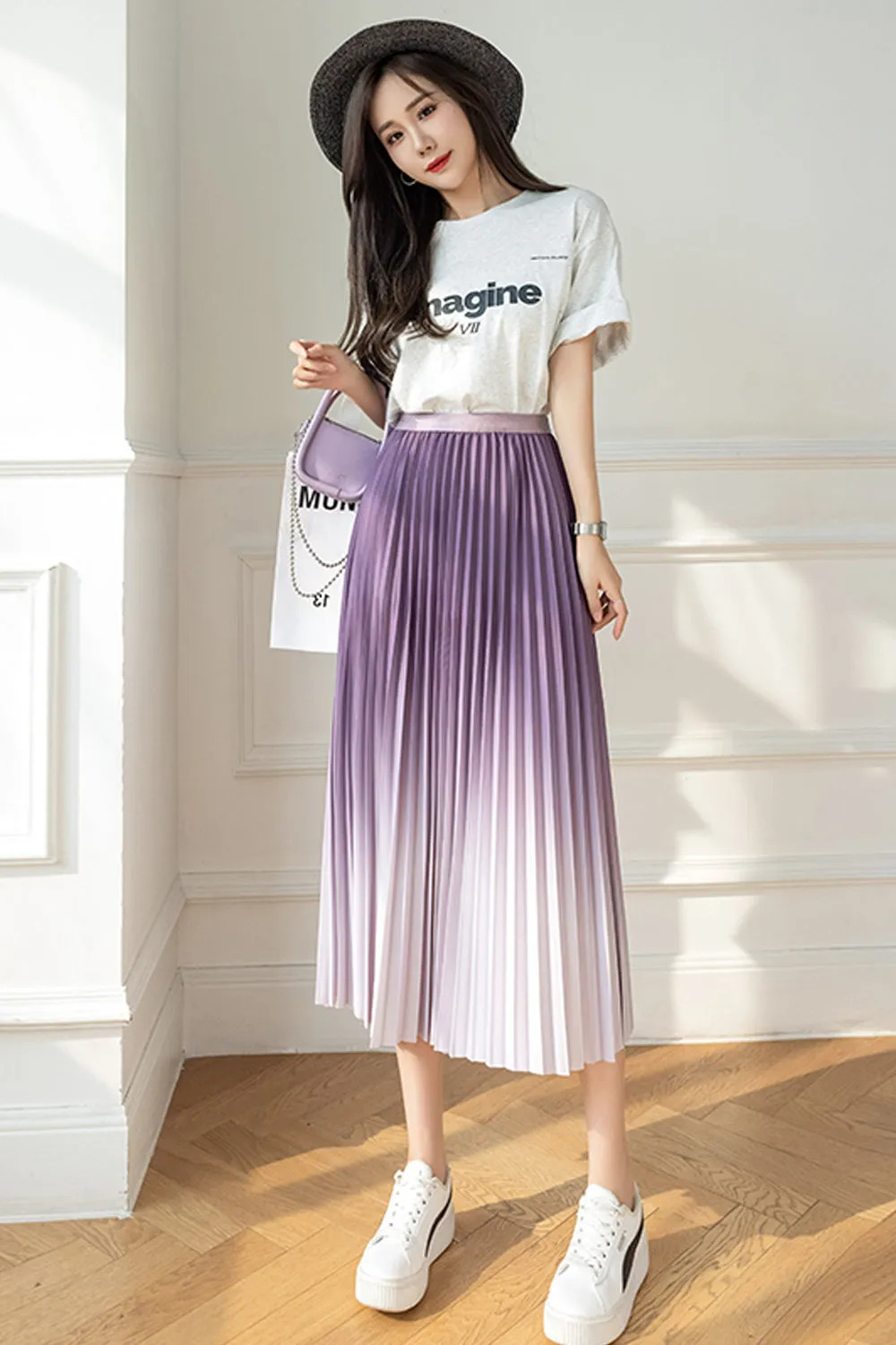 KittenAlarm - High Waist Pleated Gradient Colors Skirts