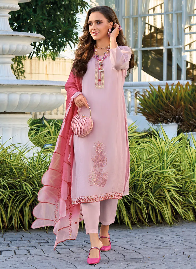 Light Pink Sequence Embroidery Pakistani Style Pant Suit