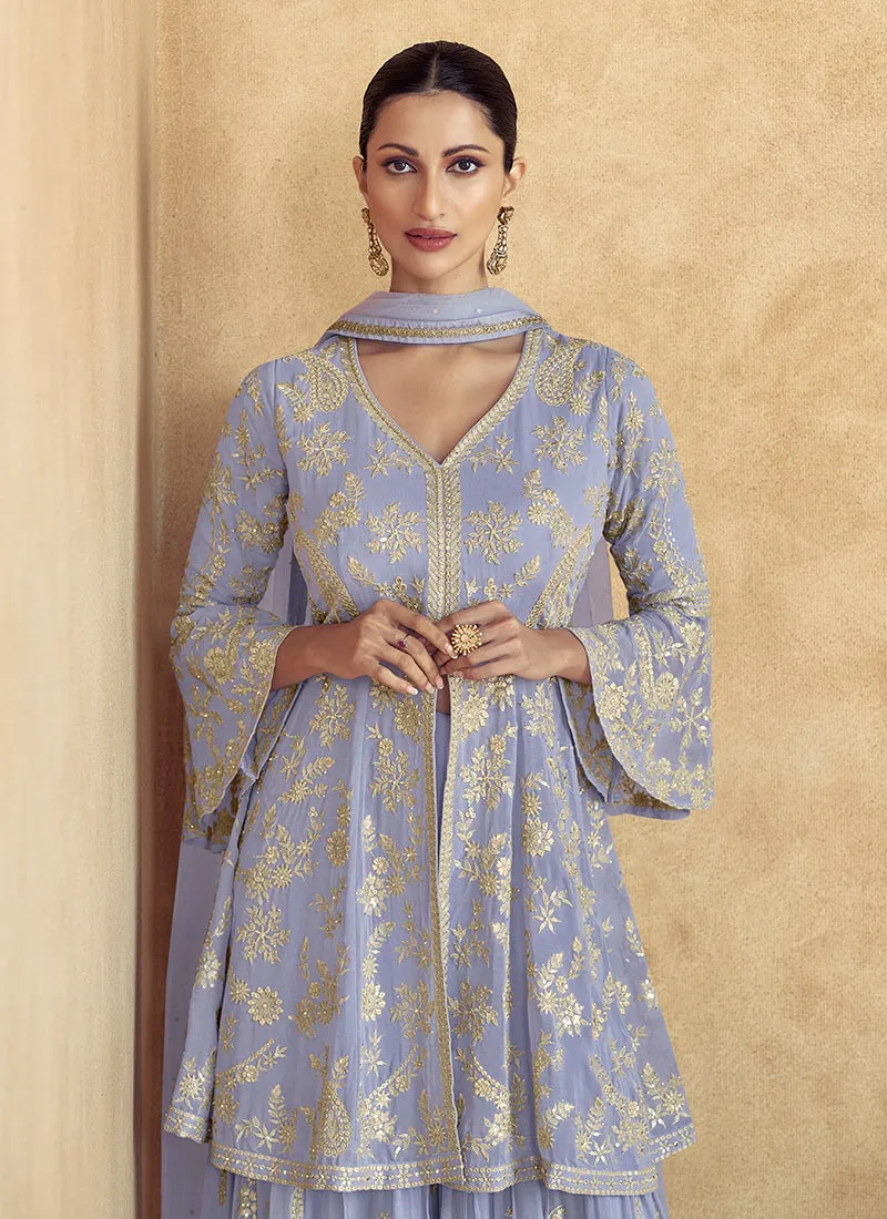 Lilac Purple Traditional Embroidery Peplum Style Sharara Suit