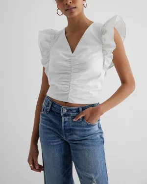 Linen-Blend V-Neck Ruched Front Flutter Sleeve Top in White