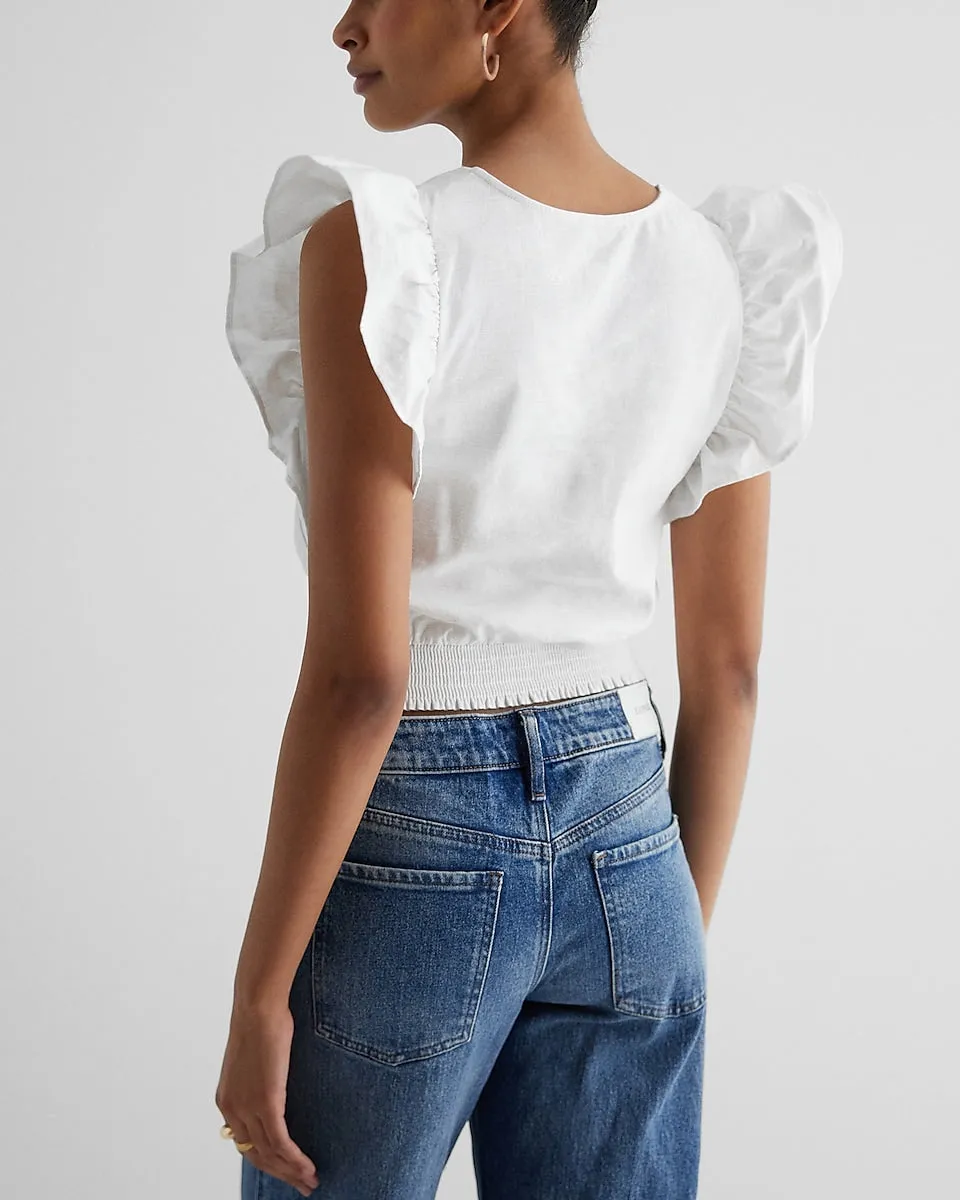 Linen-Blend V-Neck Ruched Front Flutter Sleeve Top in White