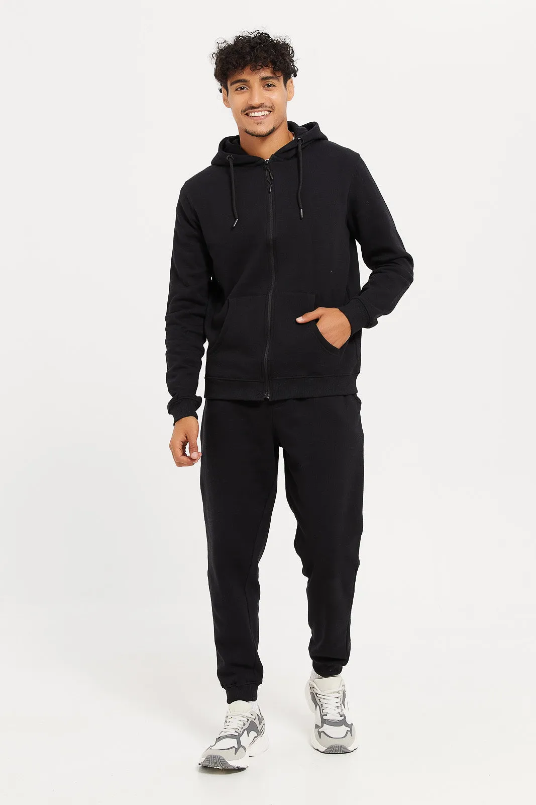 Men Black Zip Through Hooded Sweatshirt