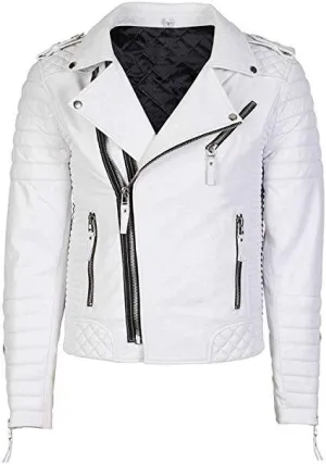 Mens white asymmetrical cafe racer leather jacket