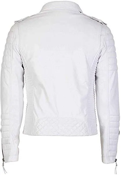 Mens white asymmetrical cafe racer leather jacket