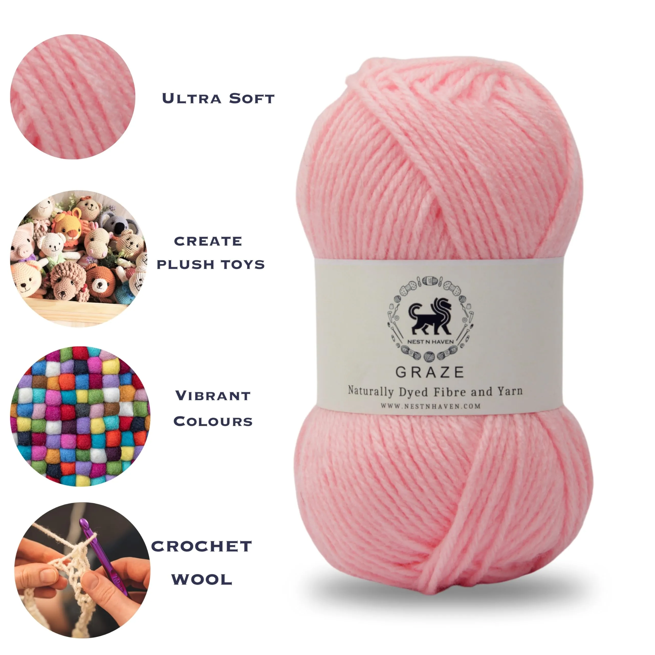 Nestnhaven Acrowools Graze Hand Knitting and Crochet Yarn. Pack of 1 Ball - 100gms. Shade no - NNHG0015 (Baby Pink)