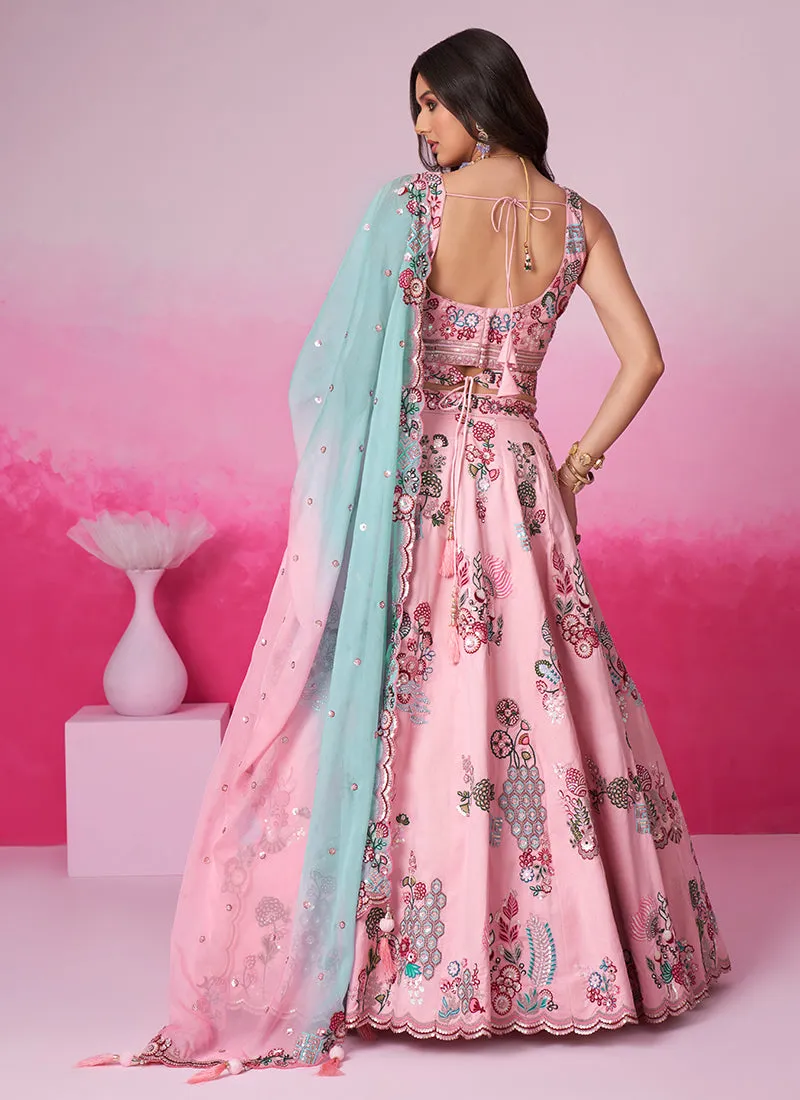 Pink And Blue Embroidery Festive Lehenga Choli