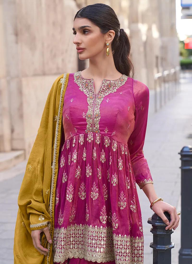 Pink And Mustard Golden Embroidery Sharara Style Suit