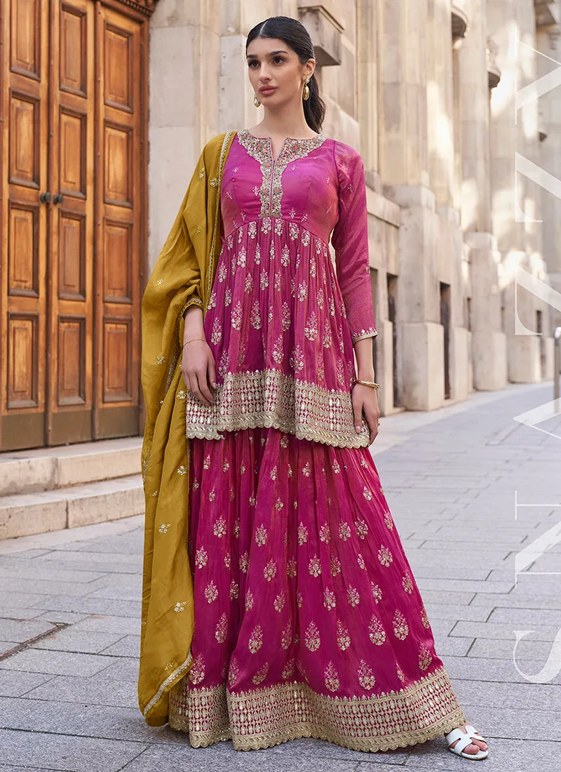 Pink And Mustard Golden Embroidery Sharara Style Suit