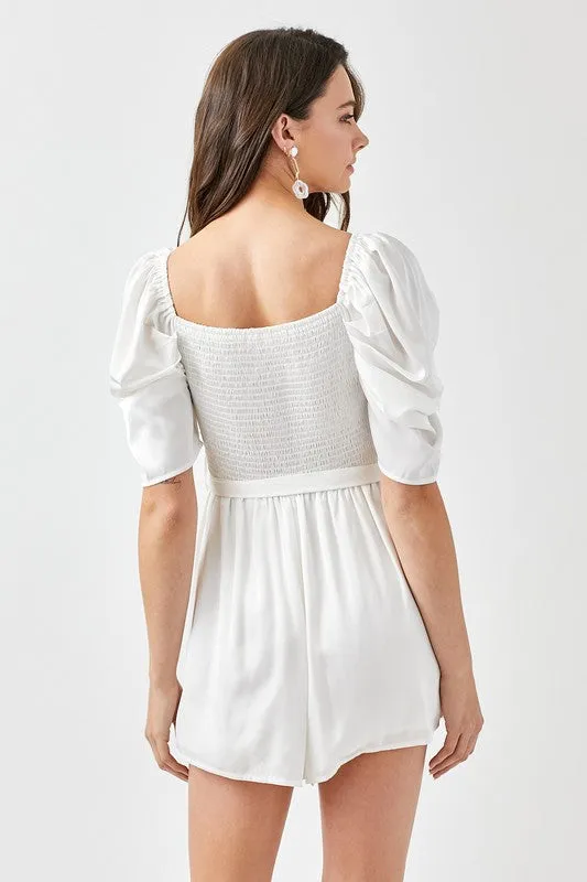 Pleated Puff Sleeve Overwrap Romper  *Online Only*