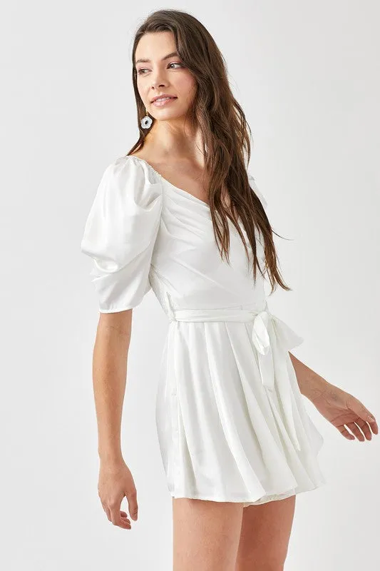 Pleated Puff Sleeve Overwrap Romper  *Online Only*