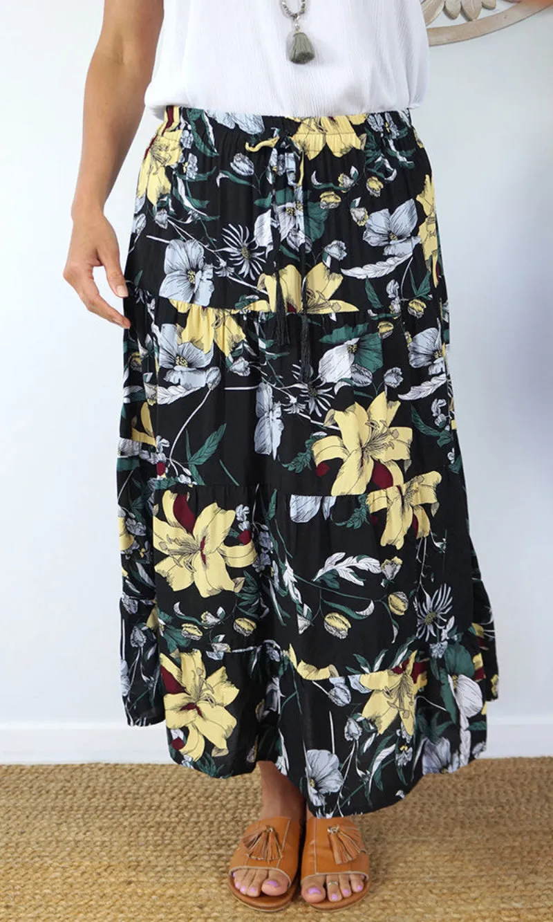 Rayon Skirt Tiered Flemington Black