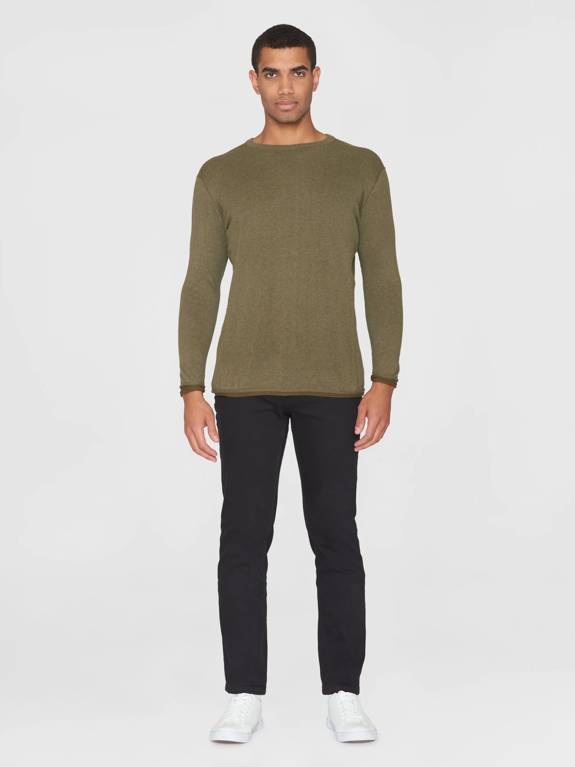 Regular double layer cotton mix rolledge crew neck knit - GOTS - Burned Olive