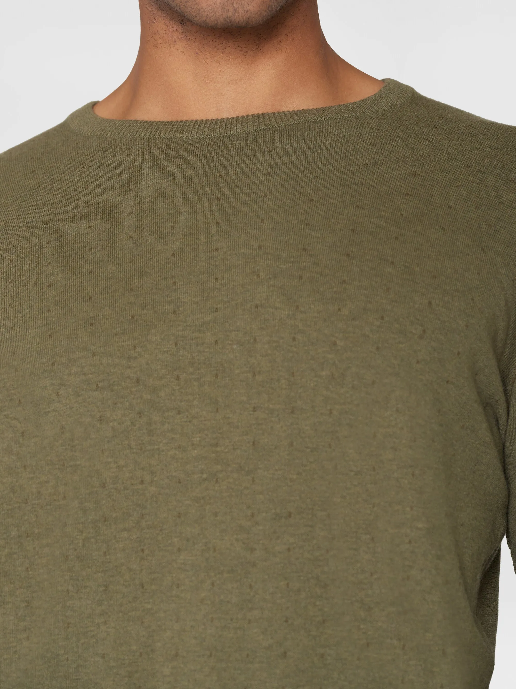 Regular double layer cotton mix rolledge crew neck knit - GOTS - Burned Olive