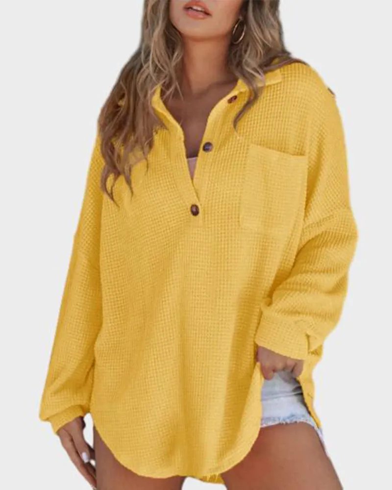 Relaxed Fit Long Sleeve Waffle Knit Button-Up Shirt