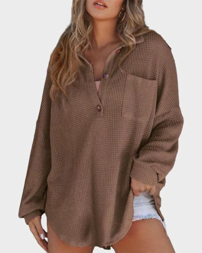 Relaxed Fit Long Sleeve Waffle Knit Button-Up Shirt