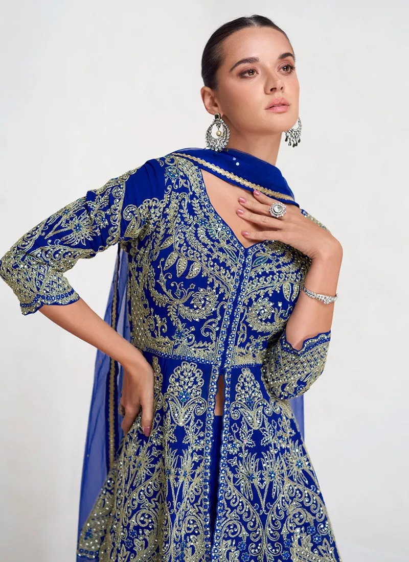 Royal Blue Embroidery Designer Peplum Style Palazzo Suit