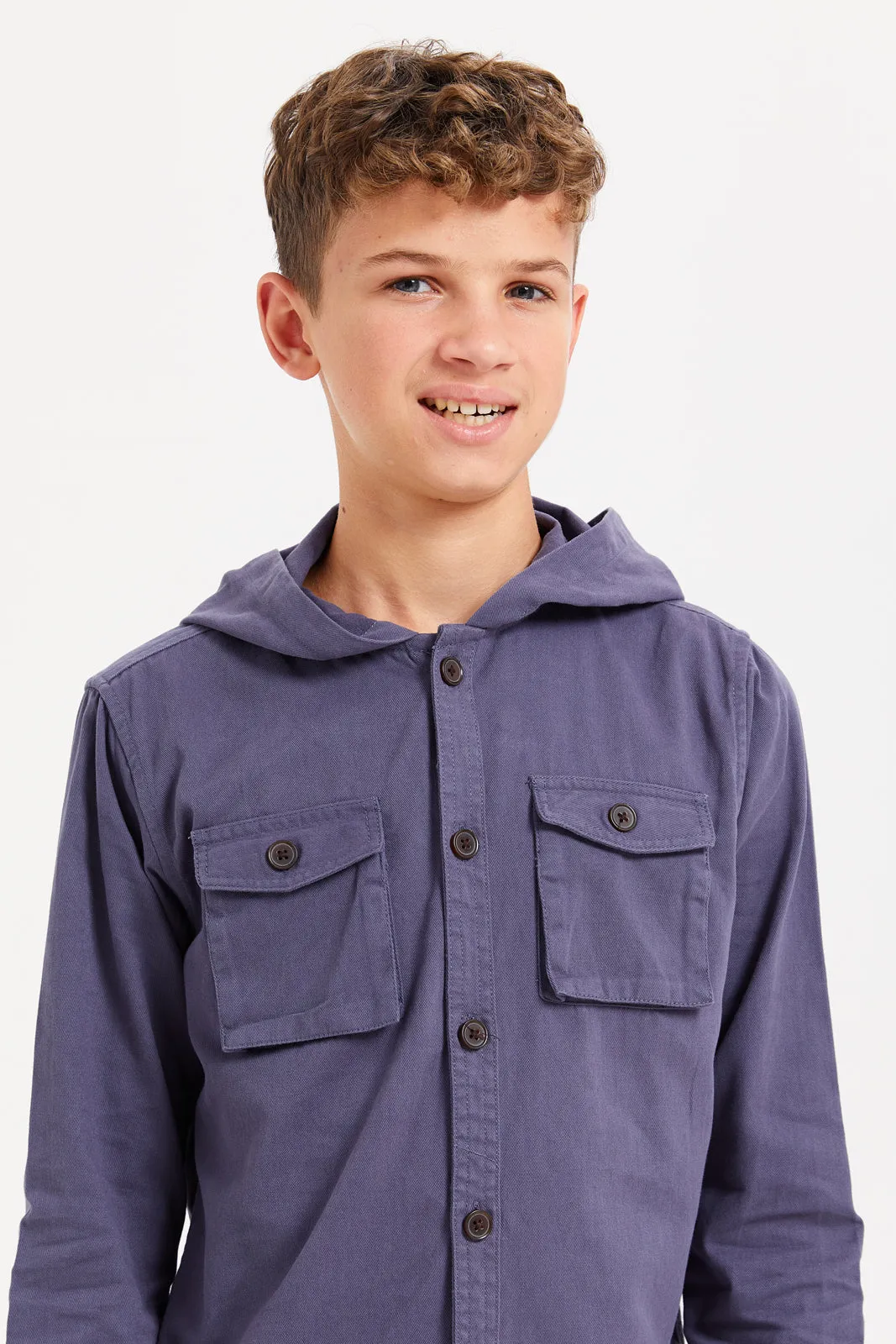 Senior Boys Blue Hooded Casual Shirt