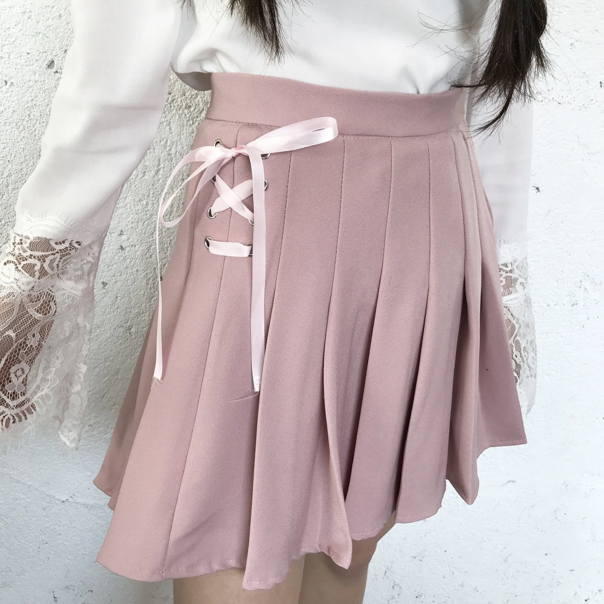 Side Lace Up Pastel Colors Pleated Skirts